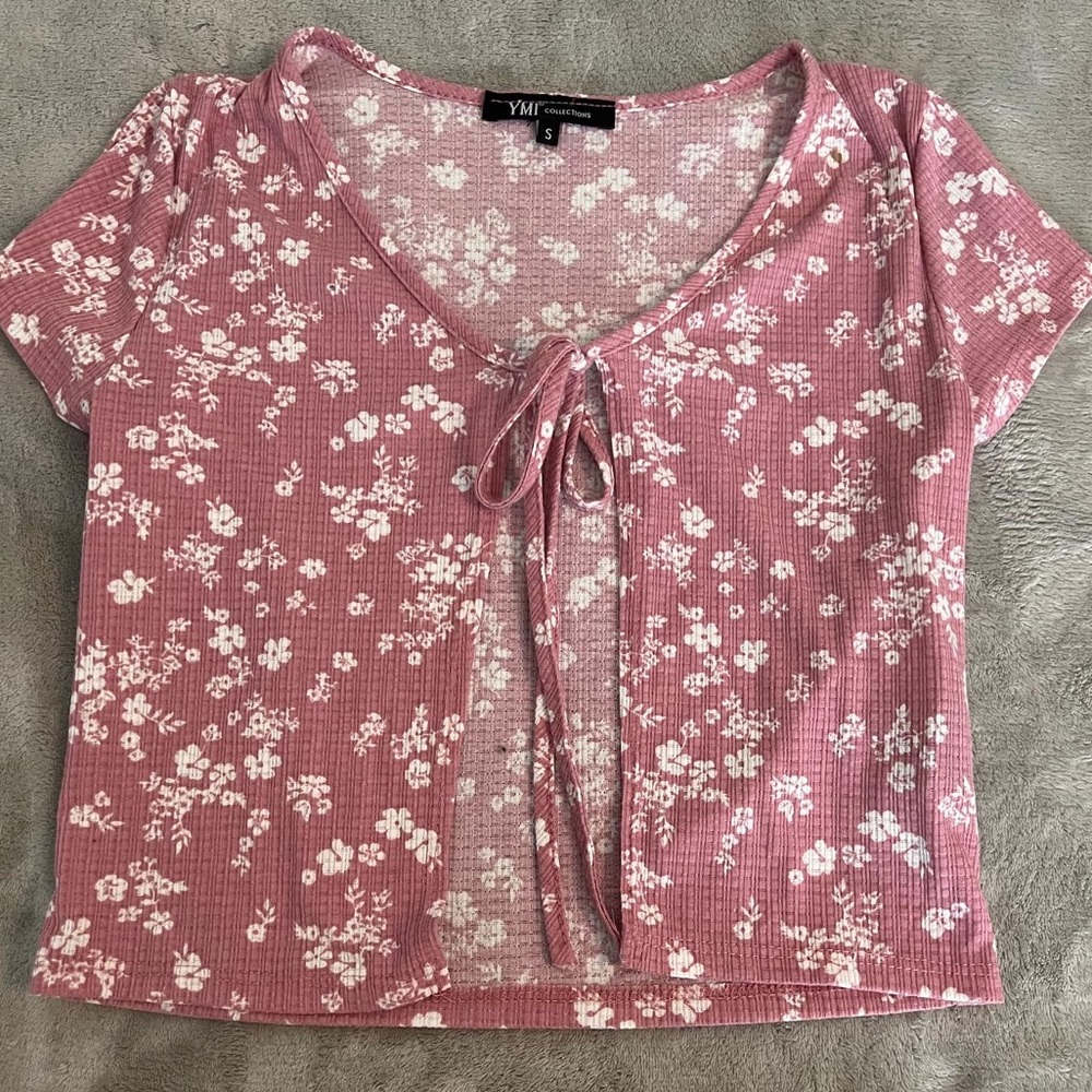Pink flower crop top where you tie in front